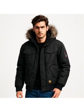 Oppenheimer Arctic Expedition Bomber Jacket XL Black Faux Fur Hood Winter Coat